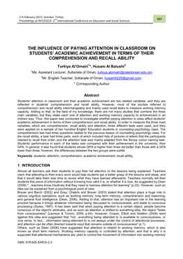 The Influence of Paying Attention in Classroom on Students' Academic Achievement in Terms of Their Comprehension and Recall Ability
