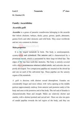 Family: Ascaridiidae Ascaridia Galli