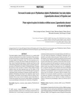 First Record of Cestode Cysts of Phyllobothrium Delphini (Phyllobothriidae ) from Dusky Dolphins (Lagenorhynchus Obscurus ) Off Argentine Coast