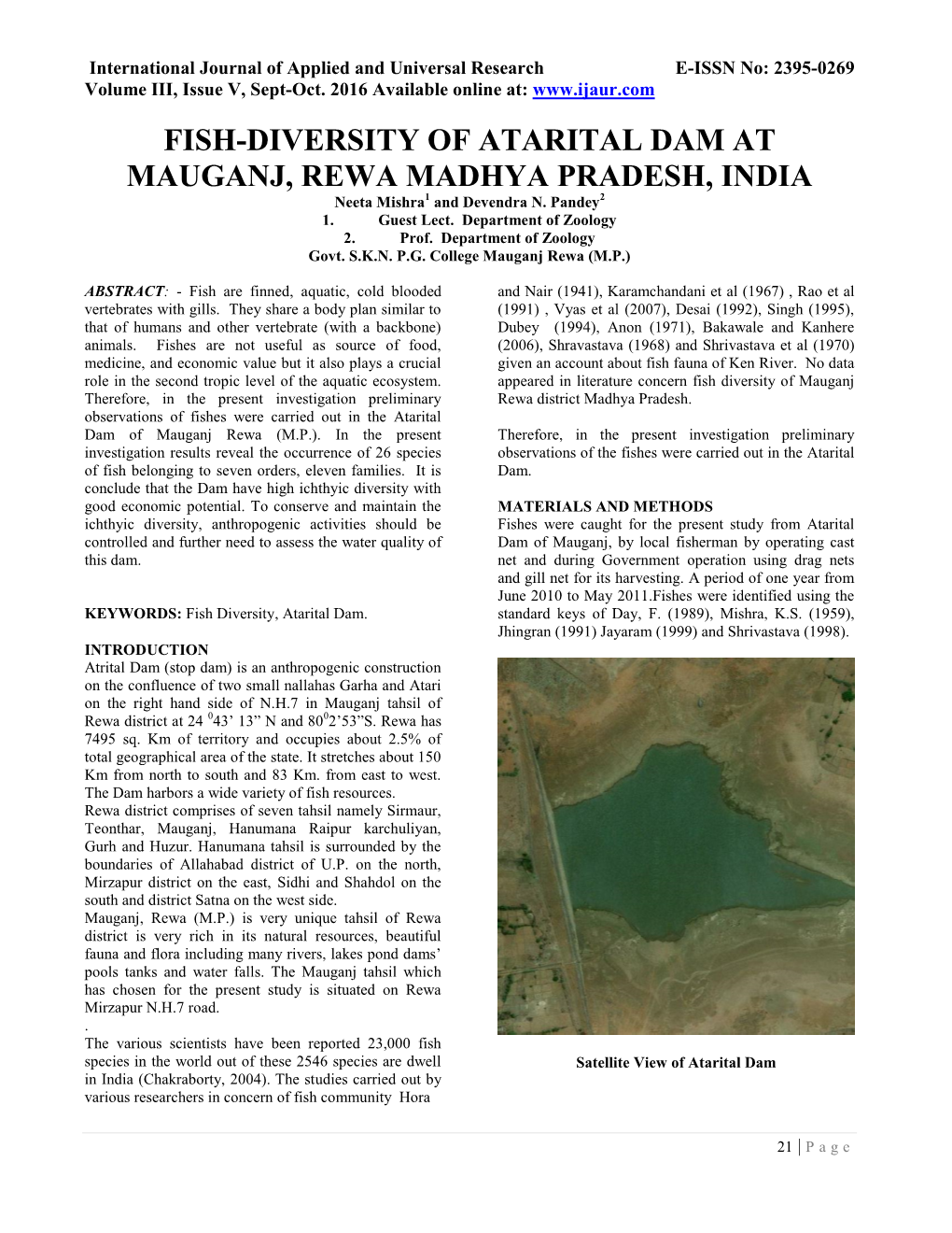 FISH-DIVERSITY of ATARITAL DAM at MAUGANJ, REWA MADHYA PRADESH, INDIA Neeta Mishra1 and Devendra N