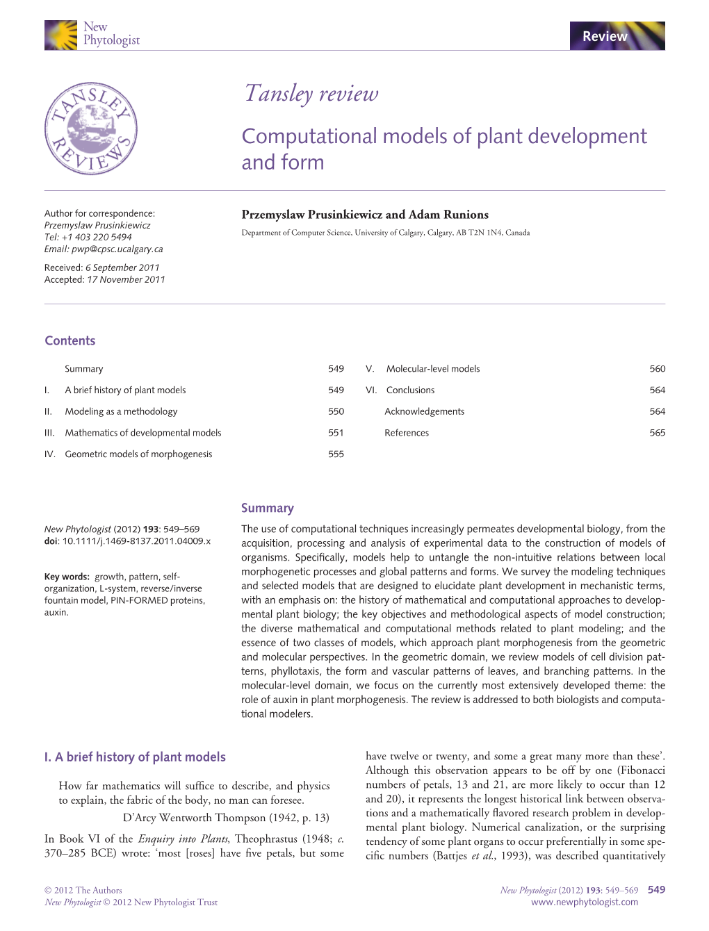 Computational Models of Plant Development and Form