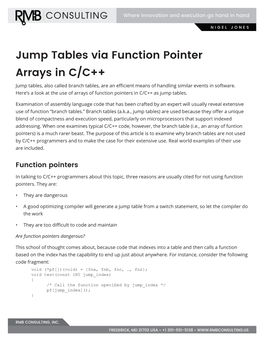 Jump Tables Via Function Pointer Arrays in C/C++ Jump Tables, Also Called Branch Tables, Are an Efficient Means of Handling Similar Events in Software