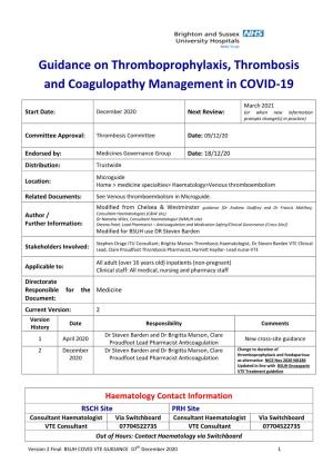 Guidance on Thromboprophylaxis, Thrombosis and Coagulopathy Management in COVID-19