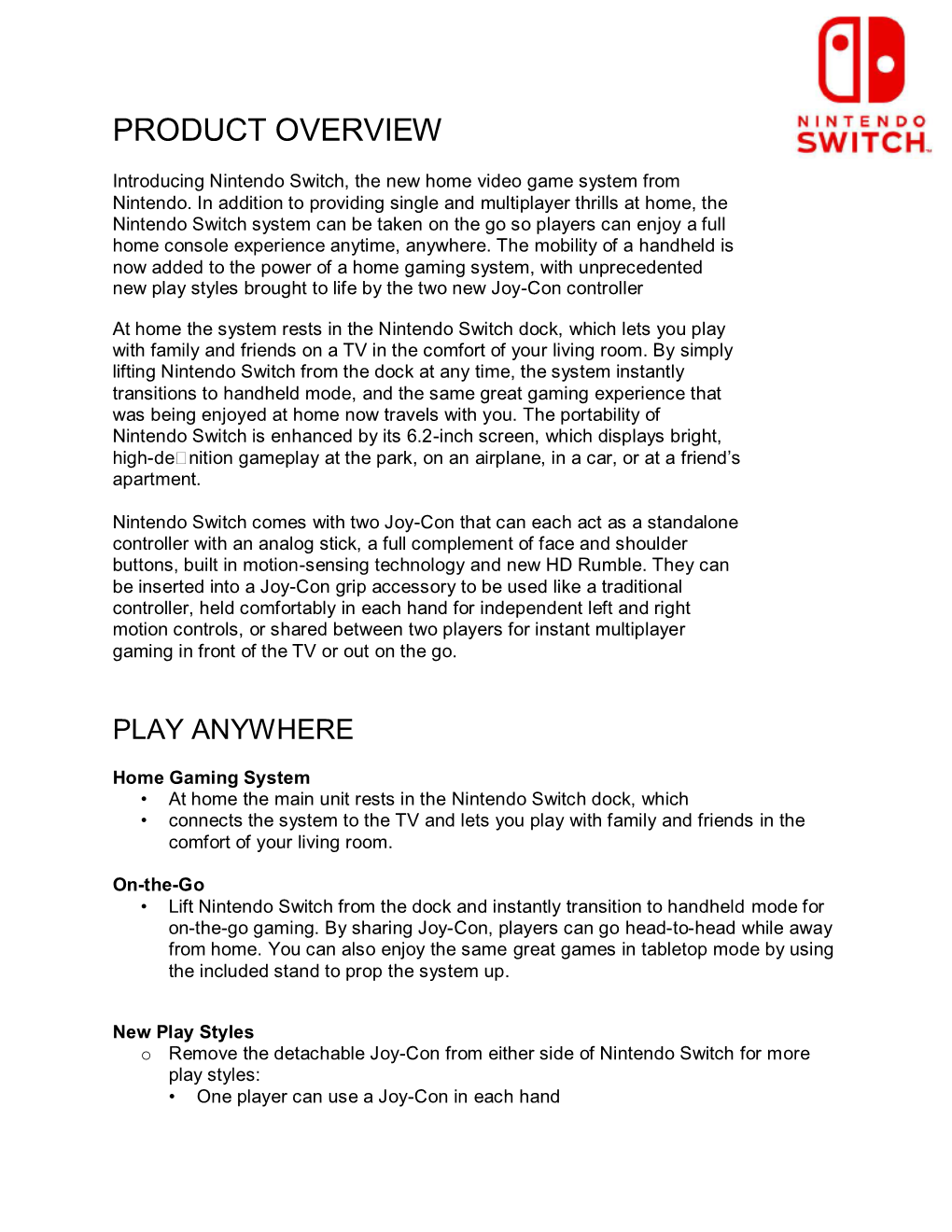 Nintendo Switch Specs