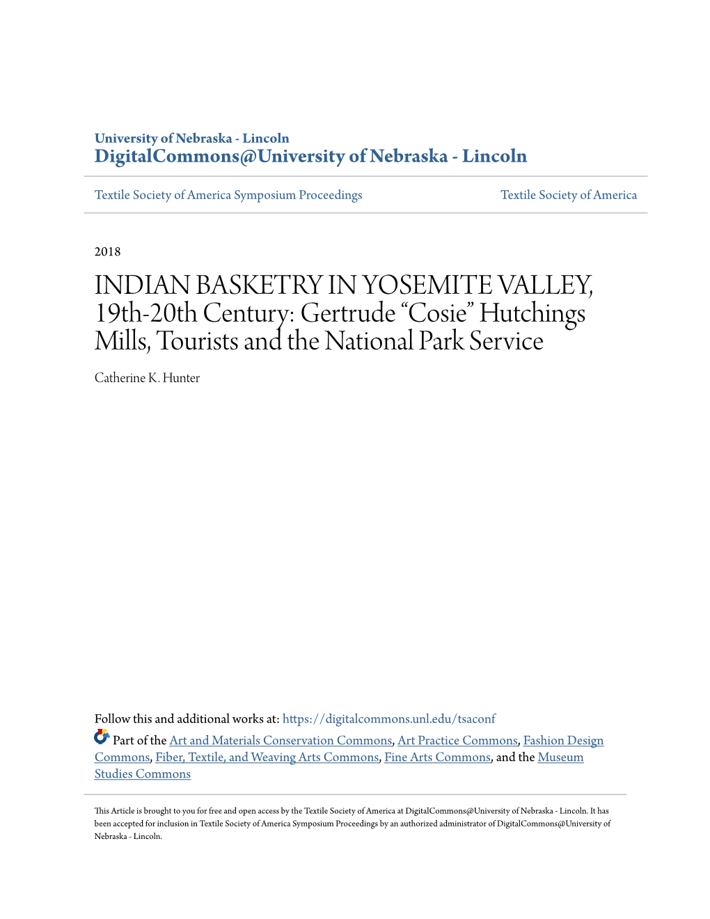 INDIAN BASKETRY in YOSEMITE VALLEY, 19Th-20Th Century: Gertrude “Cosie” Hutchings Mills, Tourists and the National Park Service Catherine K