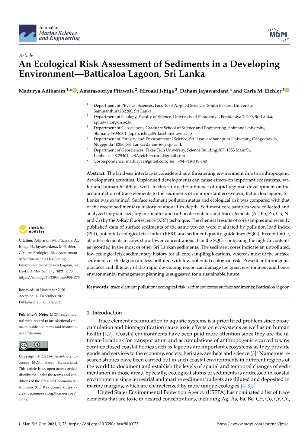 An Ecological Risk Assessment of Sediments in a Developing Environment—Batticaloa Lagoon, Sri Lanka
