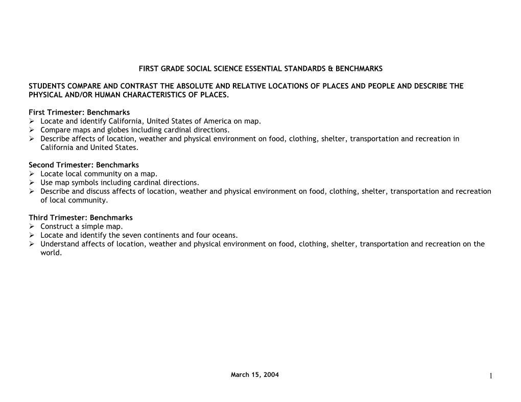 First Grade Social Science Essential Standards & Benchmarks