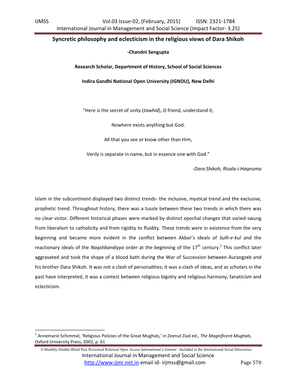 (Impact Factor- 3.25) Syncretic Philosophy and Eclecticism in the Religious Views of Dara Shikoh