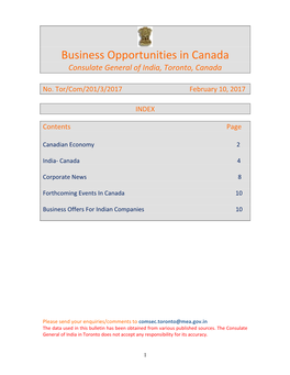 Business Opportunities in Canada Consulate General of India, Toronto, Canada
