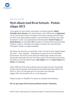 Nytt Album Med Rival Schools - Pedals Släpps 30/3
