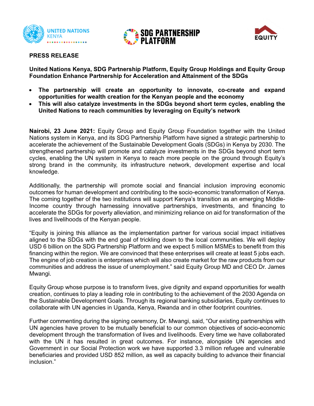 United Nations Kenya, SDG Partnership Platform, Equity Group Holdings and Equity Group Foundation Enhance Partnership for Acceleration and Attainment of the Sdgs