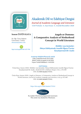 Akademik Dil Ve Edebiyat Dergisi Journal of Academic Language and Literature Cilt/Volume: 4, Sayı/Issue: 4, Aralık/December 2020