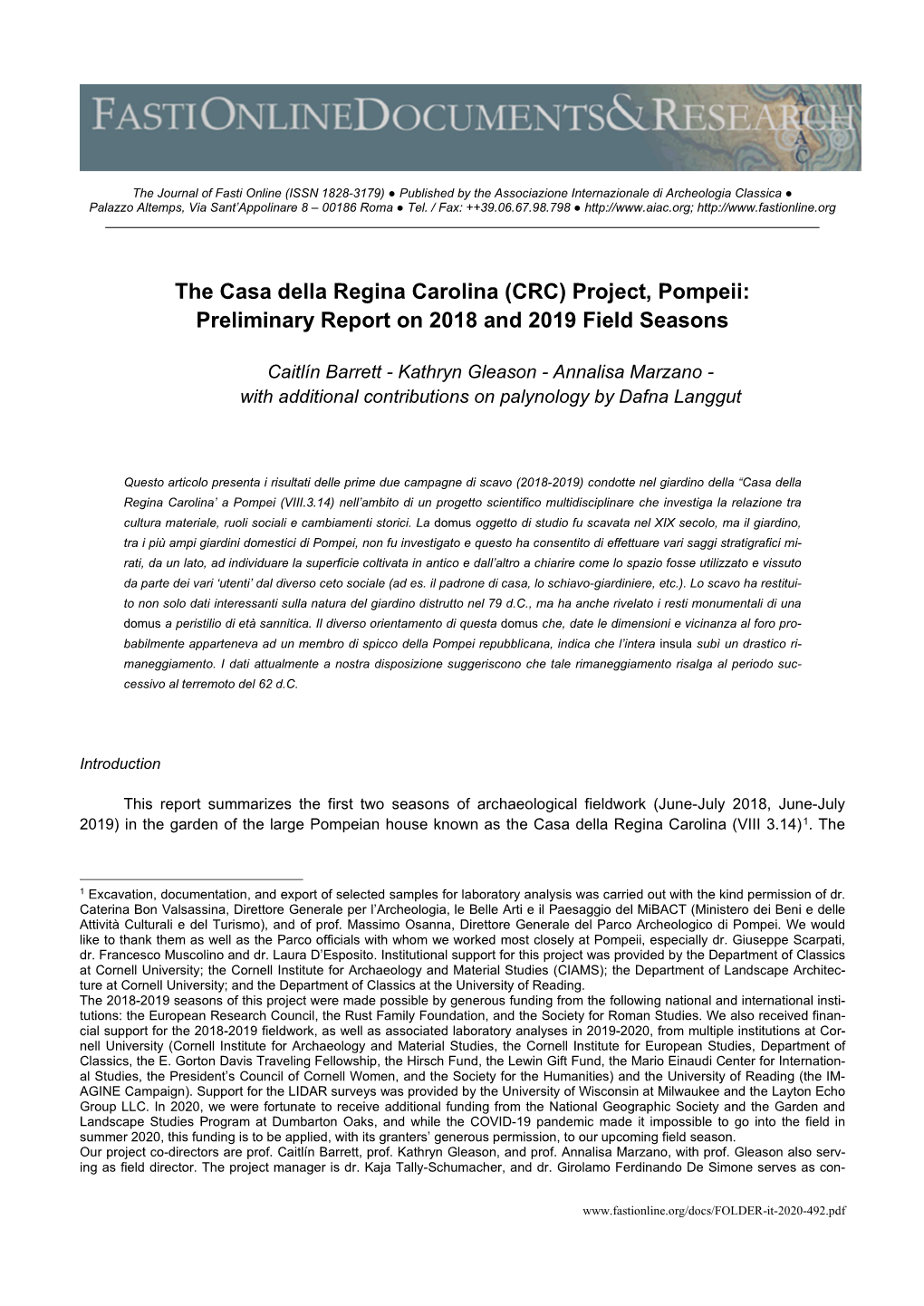 The Casa Della Regina Carolina (CRC) Project, Pompeii: Preliminary Report on 2018 and 2019 Field Seasons
