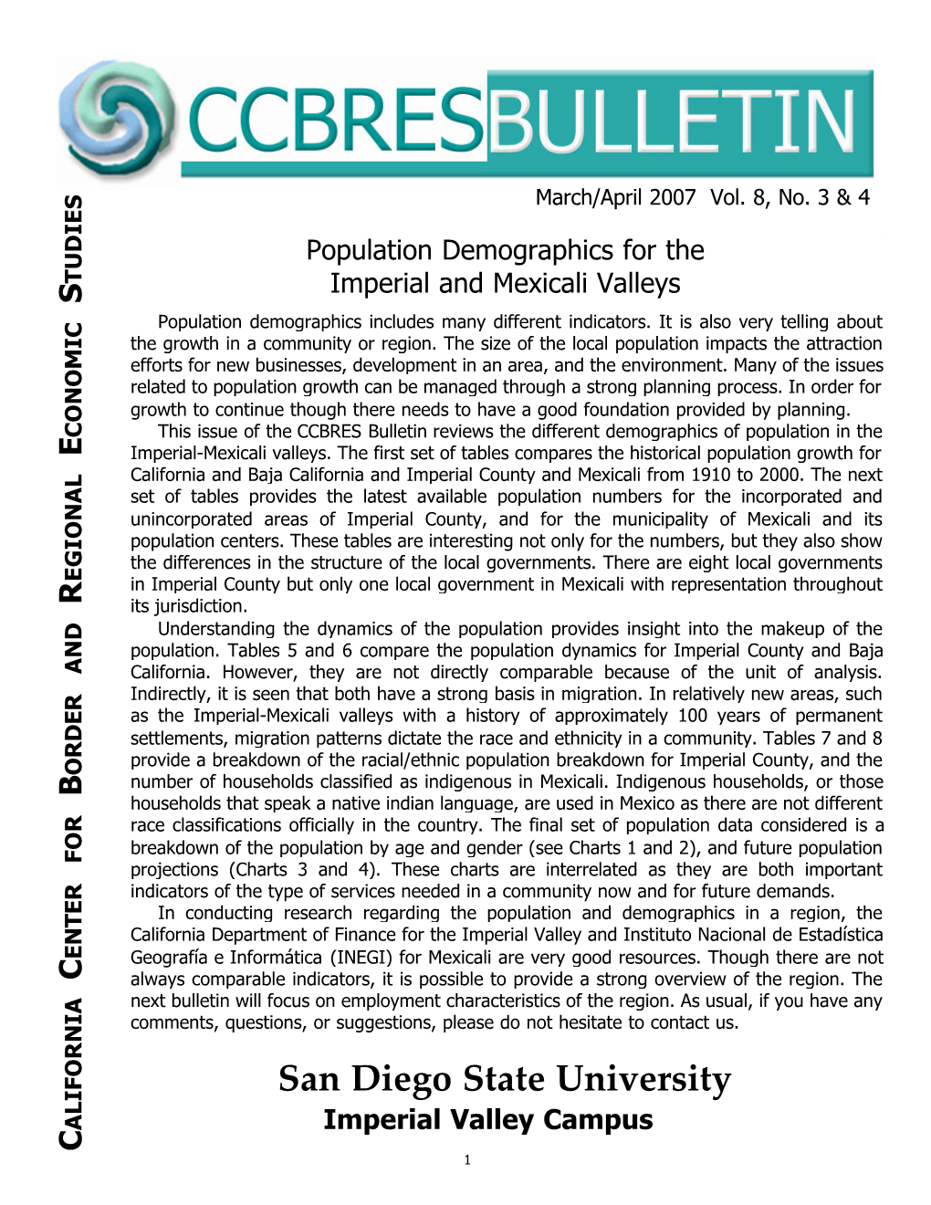 Population Demographics for the Imperial and Mexicali Valleys