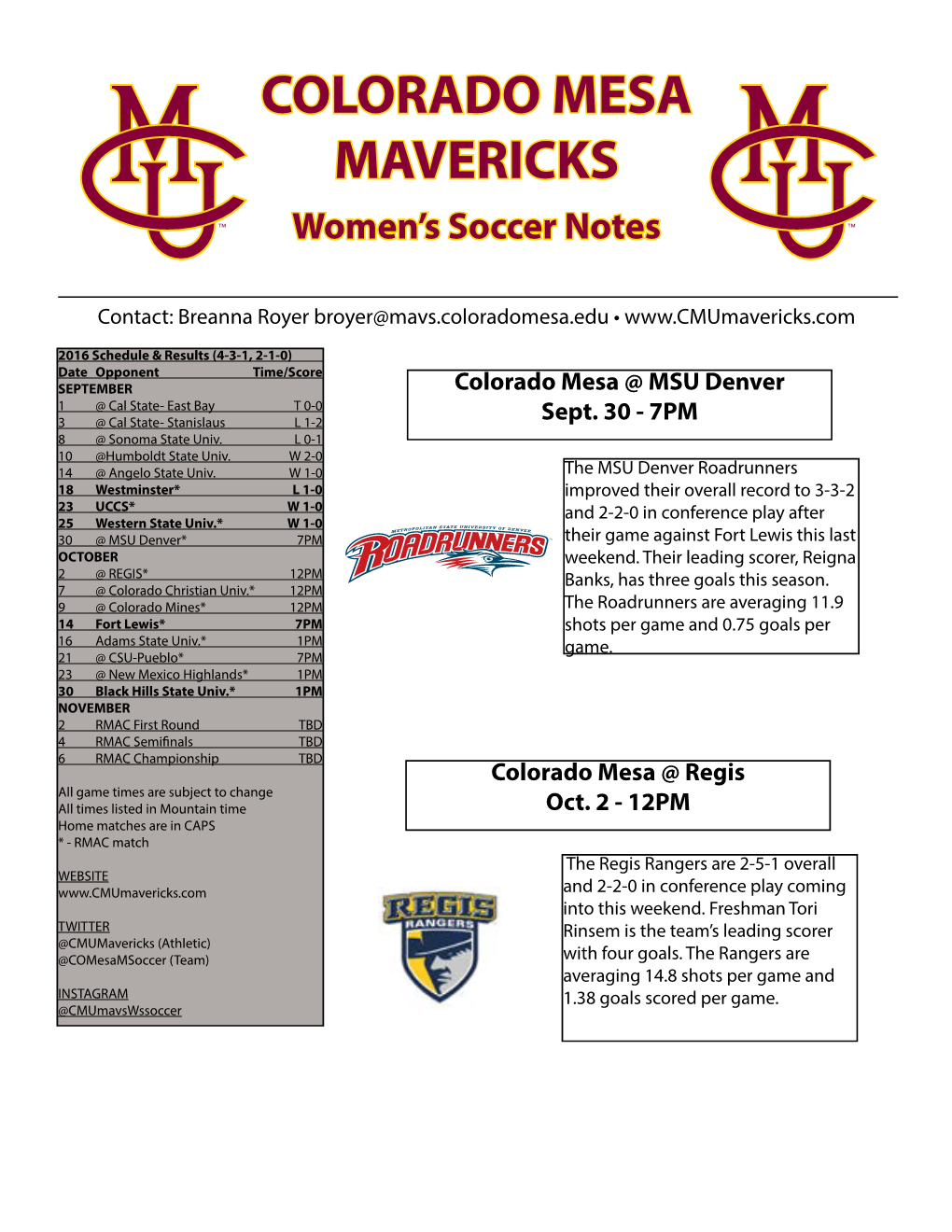 COLORADO MESA MAVERICKS Women’S Soccer Notes