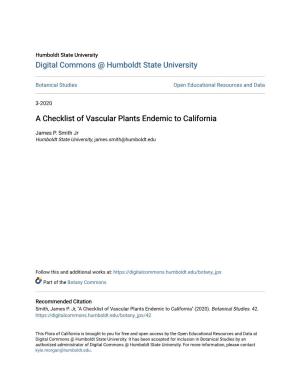 A Checklist of Vascular Plants Endemic to California