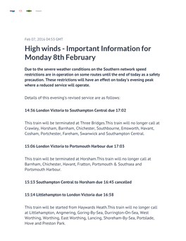 High Winds - Important Information for Monday 8Th February