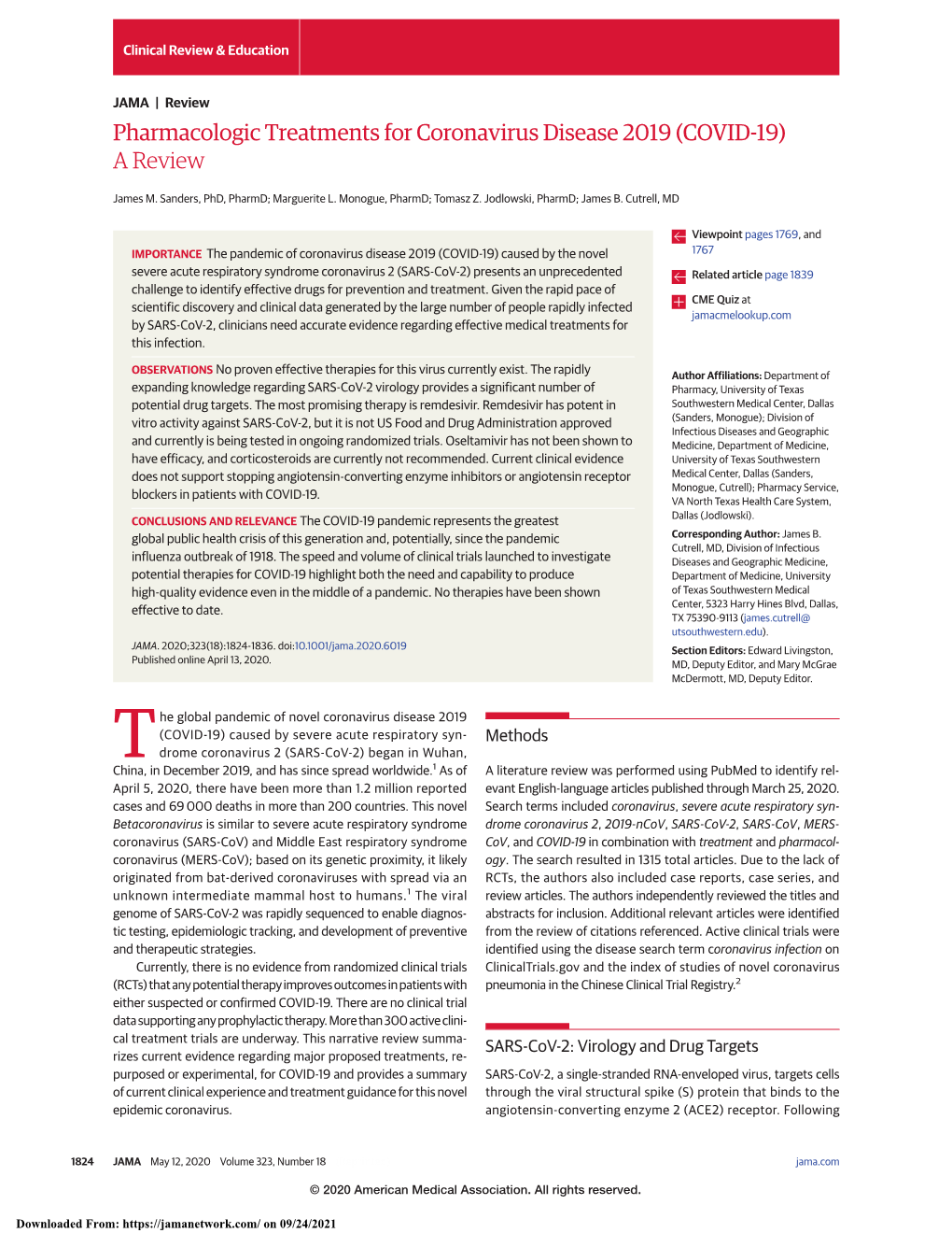 Pharmacologic Treatments for Coronavirus Disease 2019 (COVID-19): a Review