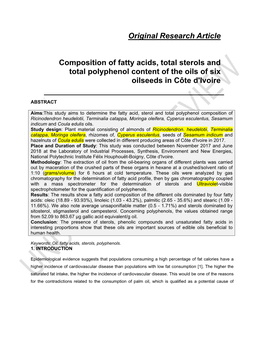 Original Research Article Composition of Fatty Acids, Total Sterols and Total