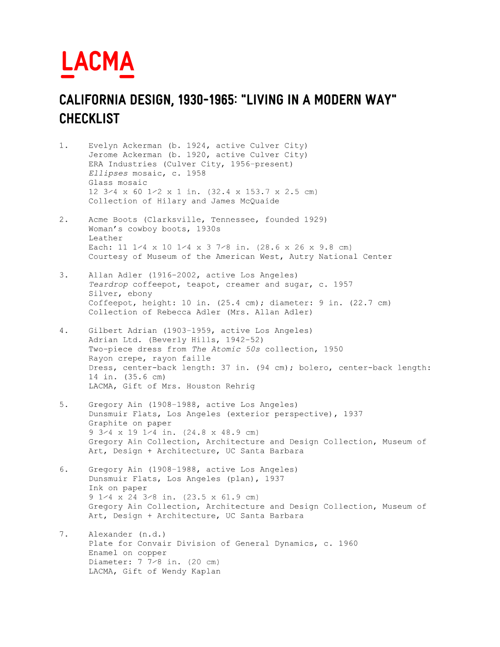 California Design, 1930-1965: “Living in a Modern Way” CHECKLIST