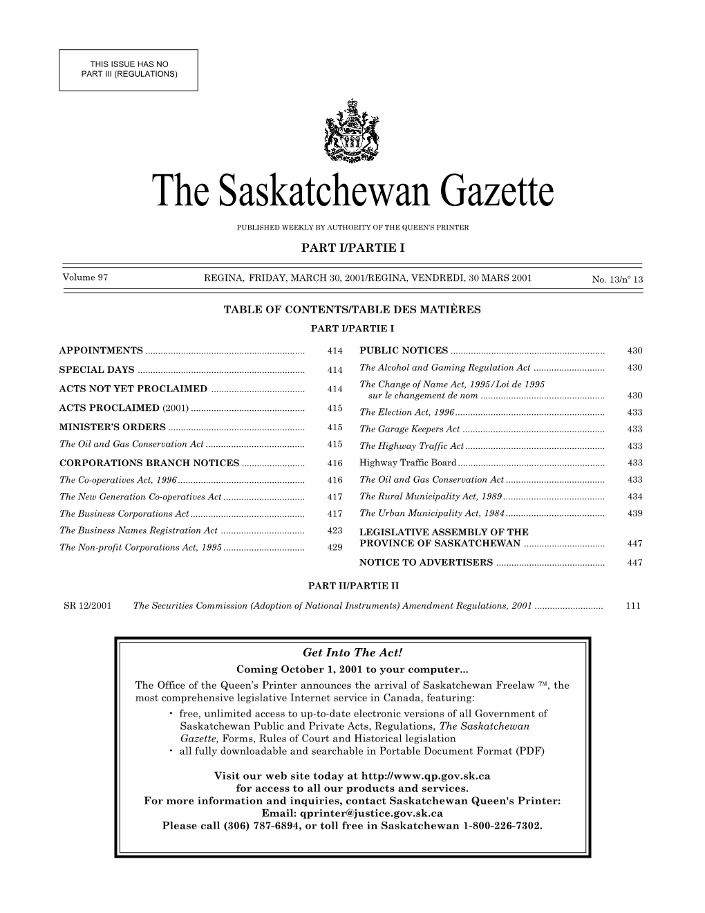 Sask Gazette, Part I, Mar 30, 2001