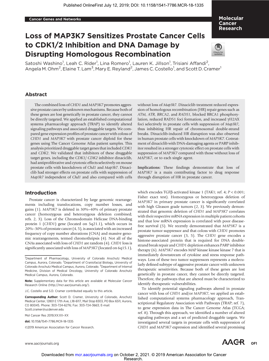 Loss of MAP3K7 Sensitizes Prostate Cancer Cells to CDK1/2 Inhibition and DNA Damage by Disrupting Homologous Recombination Satoshi Washino1, Leah C