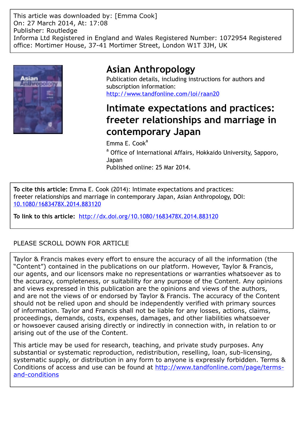 Asian Anthropology Intimate Expectations and Practices: Freeter