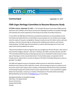 CMA Urges Heritage Committee to Resume Museums Study