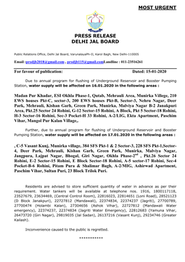 Most Urgent Press Release Delhi Jal Board