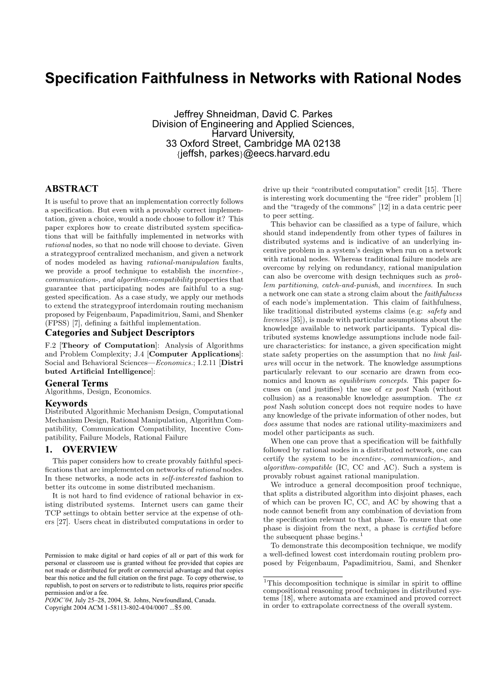 Specification Faithfulness in Networks with Rational Nodes