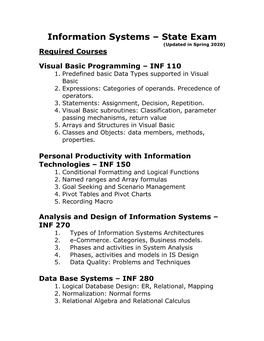 Information Systems – State Exam (Updated in Spring 2020) Required Courses