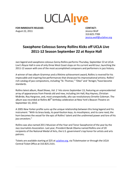 Saxophone Colossus Sonny Rollins Kicks Off UCLA Live 2011-12 Season September 22 at Royce Hall