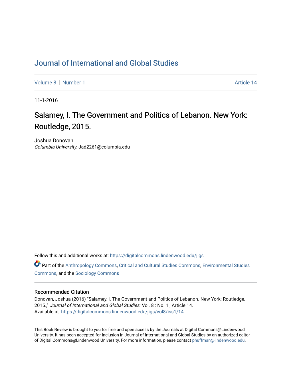 Salamey, I. the Government and Politics of Lebanon. New York: Routledge, 2015