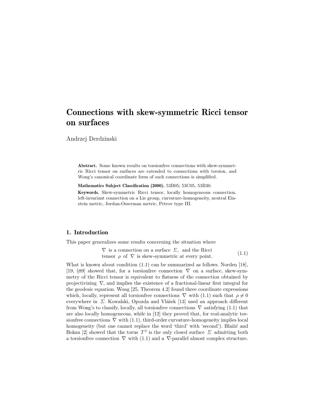 Connections with Skew-Symmetric Ricci Tensor on Surfaces