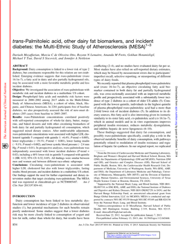 Trans-Palmitoleic Acid, Other Dairy Fat Biomarkers, and Incident Diabetes: the Multi-Ethnic Study of Atherosclerosis (MESA)1–3