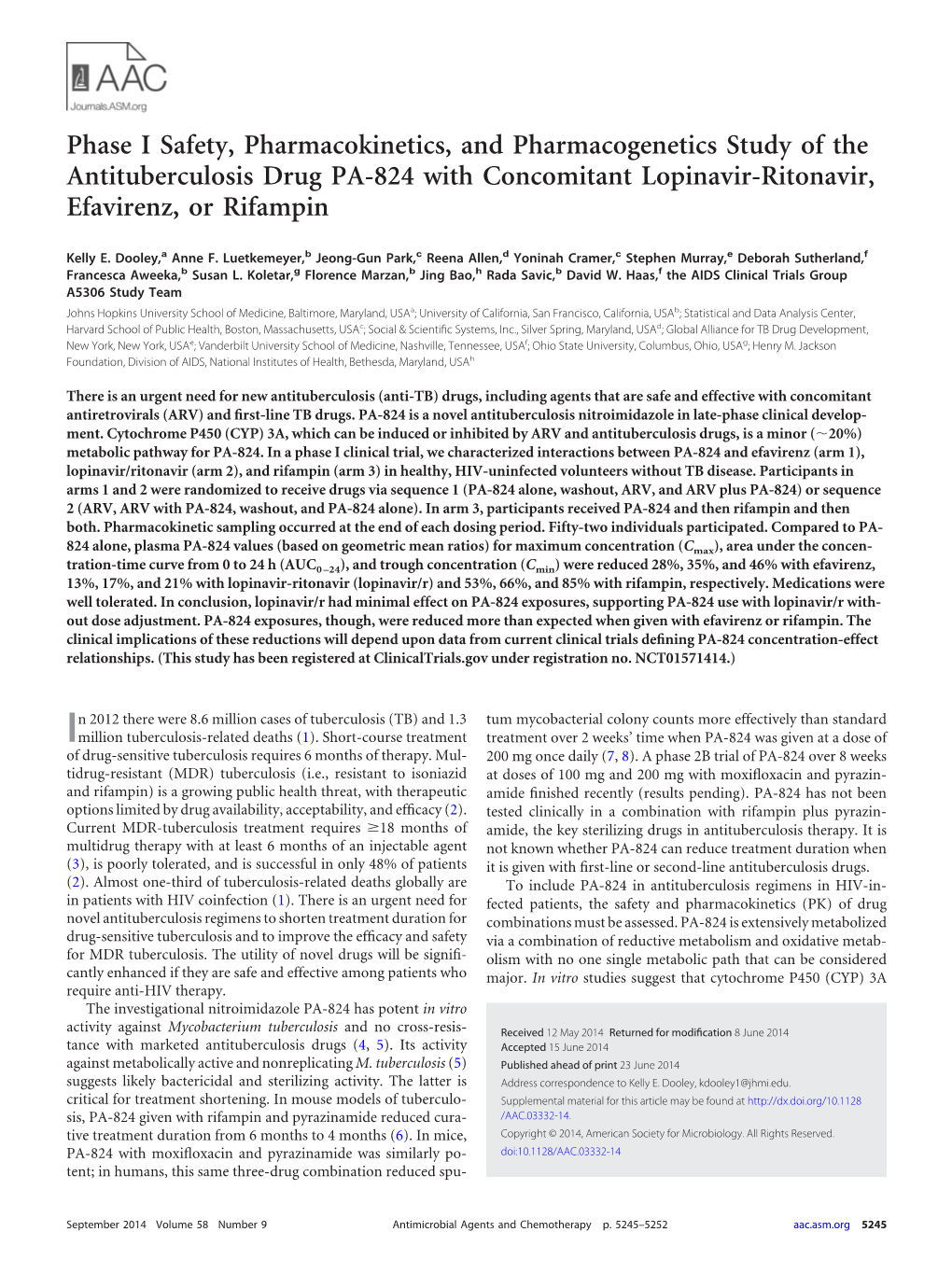 Phase I Safety, Pharmacokinetics, and Pharmacogenetics Study of the Antituberculosis Drug PA-824 with Concomitant Lopinavir-Ritonavir, Efavirenz, Or Rifampin