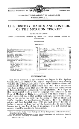 Life History, Habits, and Control of the Mormon Cricket'