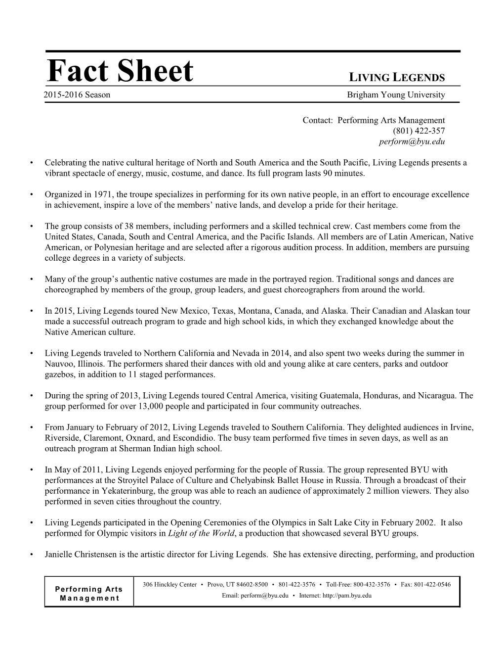 Fact Sheet 2015-2016 Season Brigham Young University