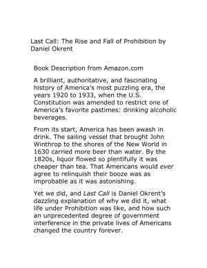 Last Call: the Rise and Fall of Prohibition by Daniel Okrent Book