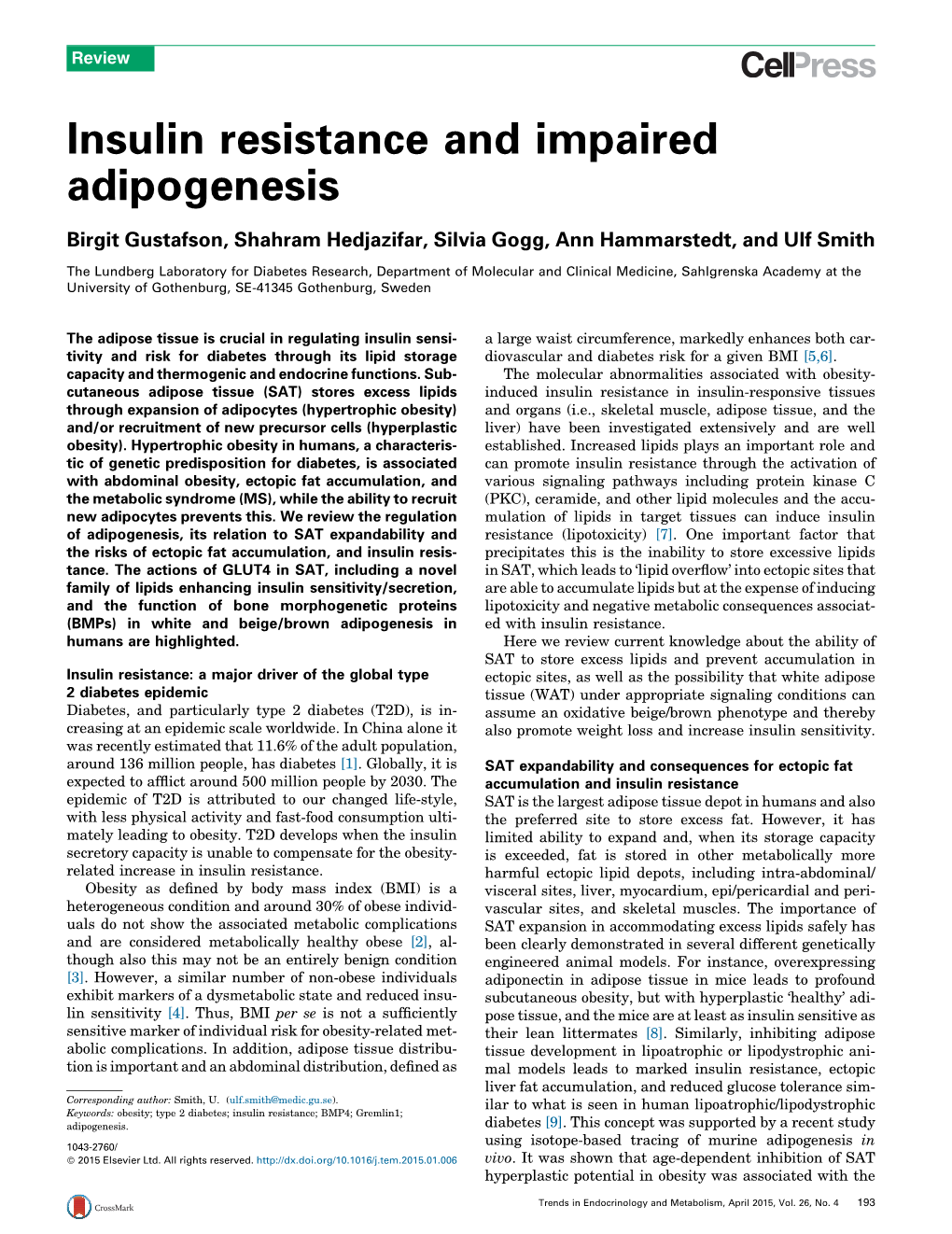 Insulin Resistance and Impaired Adipogenesis