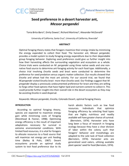 Seed Preference in a Desert Harvester Ant, Messor Pergandei