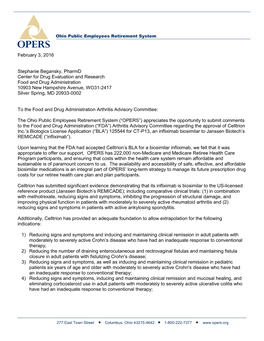 OPERS Letter in Support of Celltrion's Biologics License Application for A