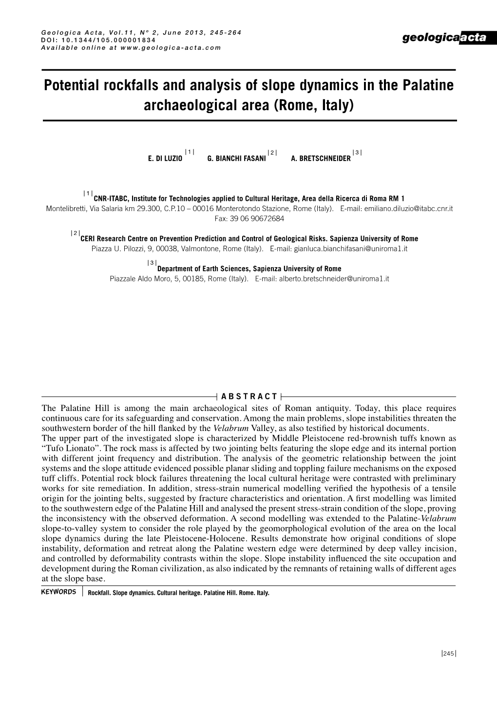 Potential Rockfalls and Analysis of Slope Dynamics in the Palatine Archaeological Area (Rome, Italy)