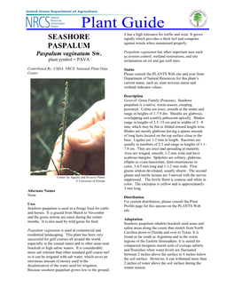 SEASHORE PASPALUM Paspalum Vaginatum Sw. Plant Guide