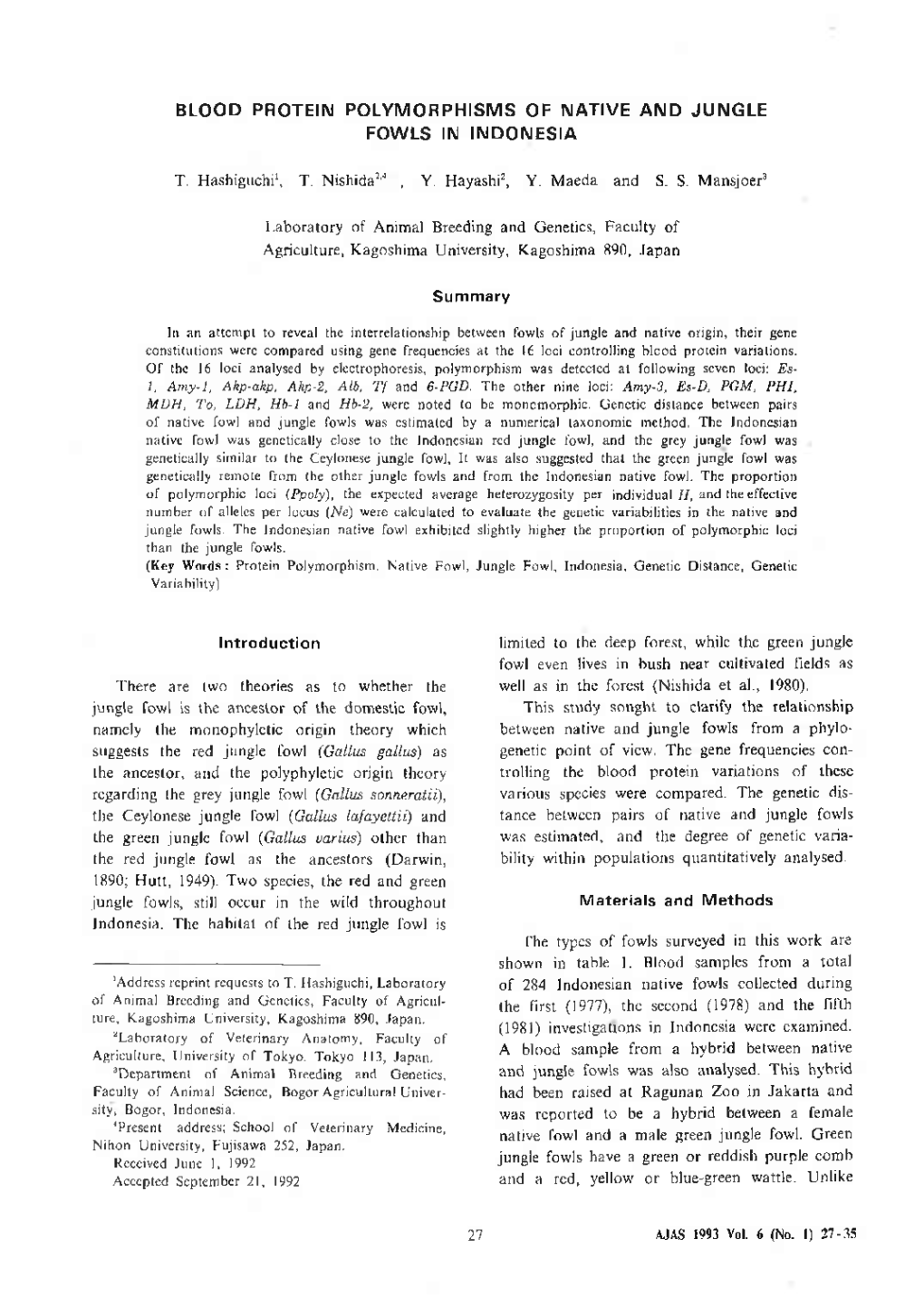 Blood Prot티n Polymorphisms of Native and Jungle Fowls in Indonesia