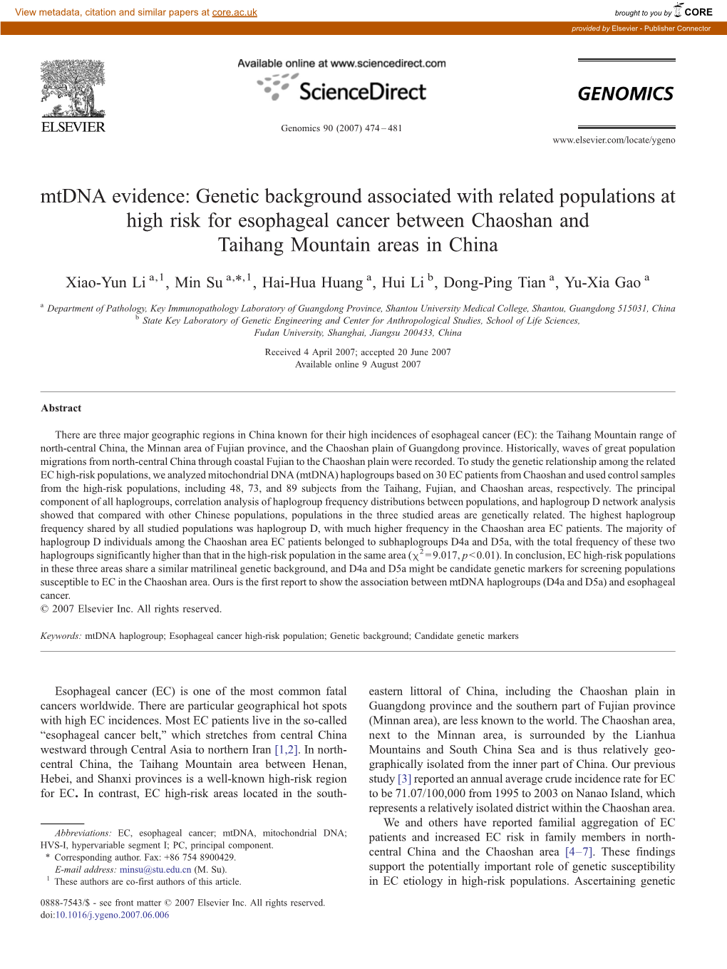 Mtdna Evidence: Genetic Background Associated with Related Populations at High Risk for Esophageal Cancer Between Chaoshan and T