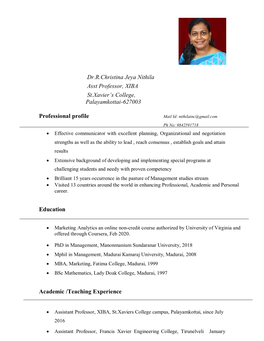 Dr.R.Christina Jeya Nithila Asst Professor, XIBA St.Xavier's College, Palayamkottai-627003 Professional Profile Education