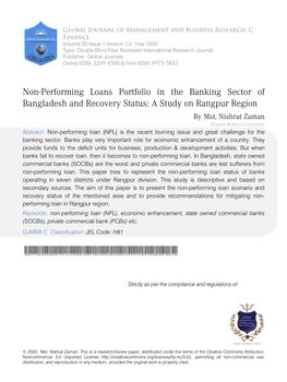 Non-Performing Loans Portfolio in the Banking Sector of Bangladesh and Recovery Status: a Study on Rangpur Region by Mst