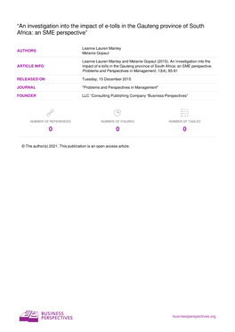 “An Investigation Into the Impact of E-Tolls in the Gauteng Province of South Africa: an SME Perspective”