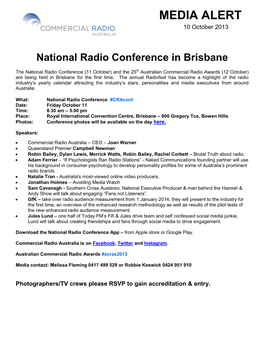 Australian Commercial Radio Awards (12 October) Are Being Held in Brisbane for the First Time